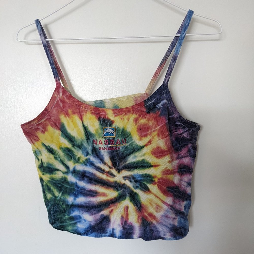 retro rainbow tie dye embroidered nassau cropped tank top